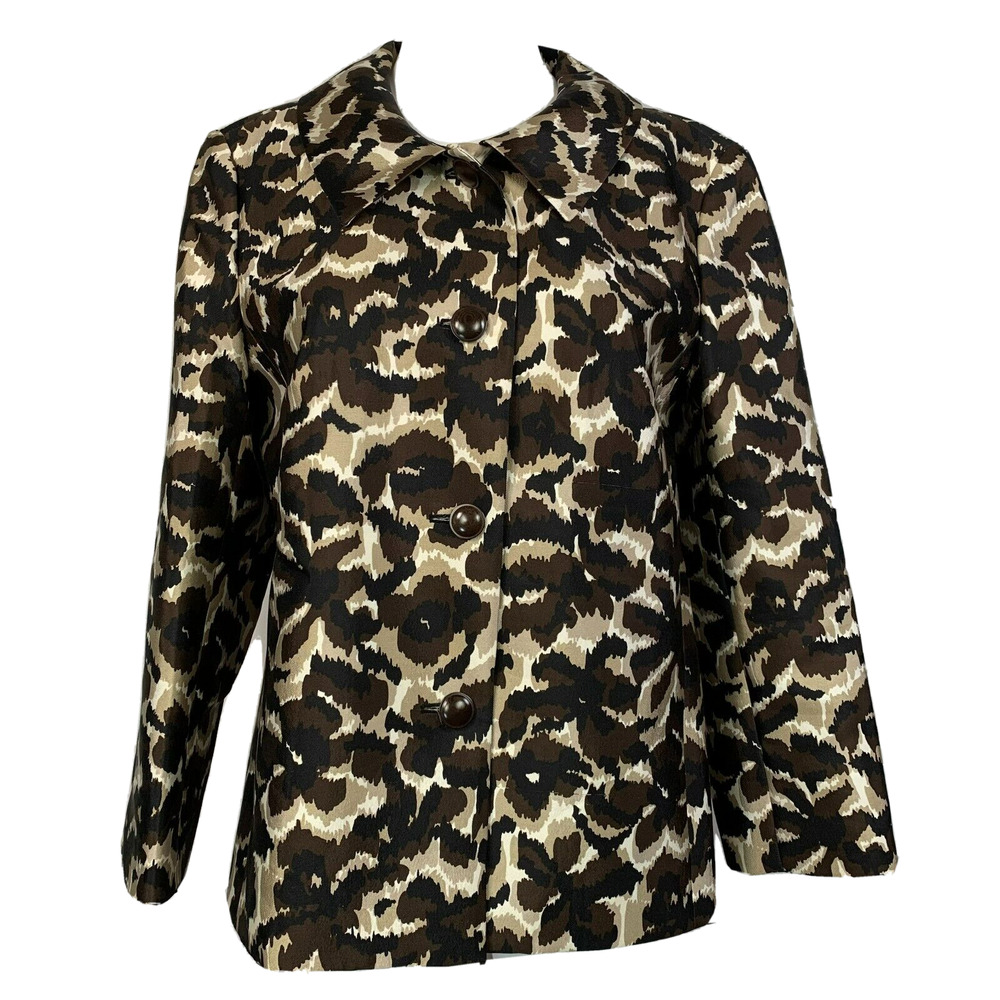 Talbots Blazer Jacket Womens Sz 10 Brown‎ Ivory Floral Silk Wool Button Collared